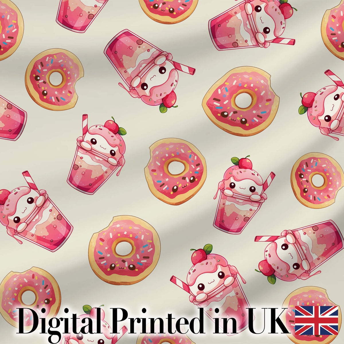Cute Kawaii Donut and Strawberry Drink Seamless Pattern Cream Background Digital Print Fabric by the Metre UK Sewing Quilting Textile