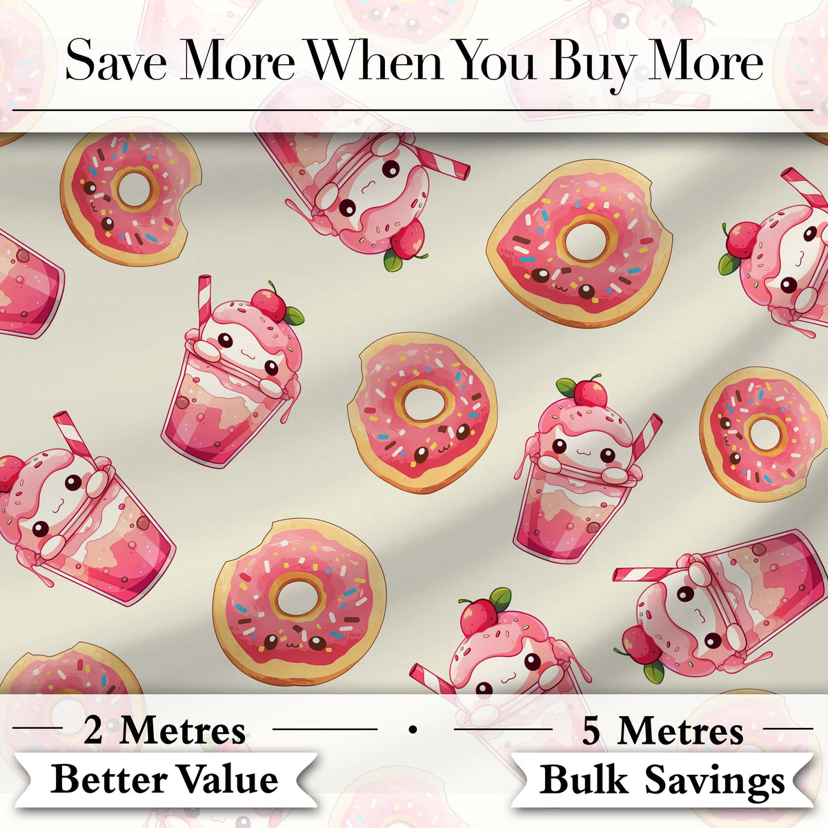 Cute Kawaii Donut and Strawberry Drink Seamless Pattern Cream Background Digital Print Fabric by the Metre UK Sewing Quilting Textile
