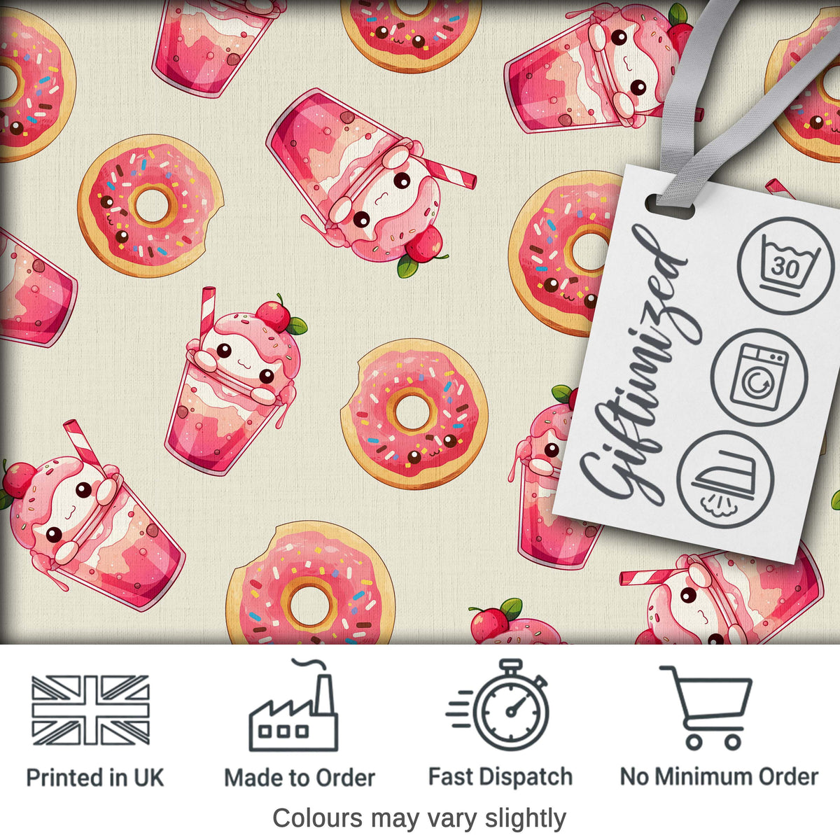 Cute Kawaii Donut and Strawberry Drink Seamless Pattern Cream Background Digital Print Fabric by the Metre UK Sewing Quilting Textile