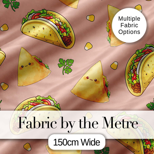 Cute Kawaii Taco and Wrap Food Pattern Beige Background Seamless Digital Print Fabric by the Metre UK Sewing Quilting Textile