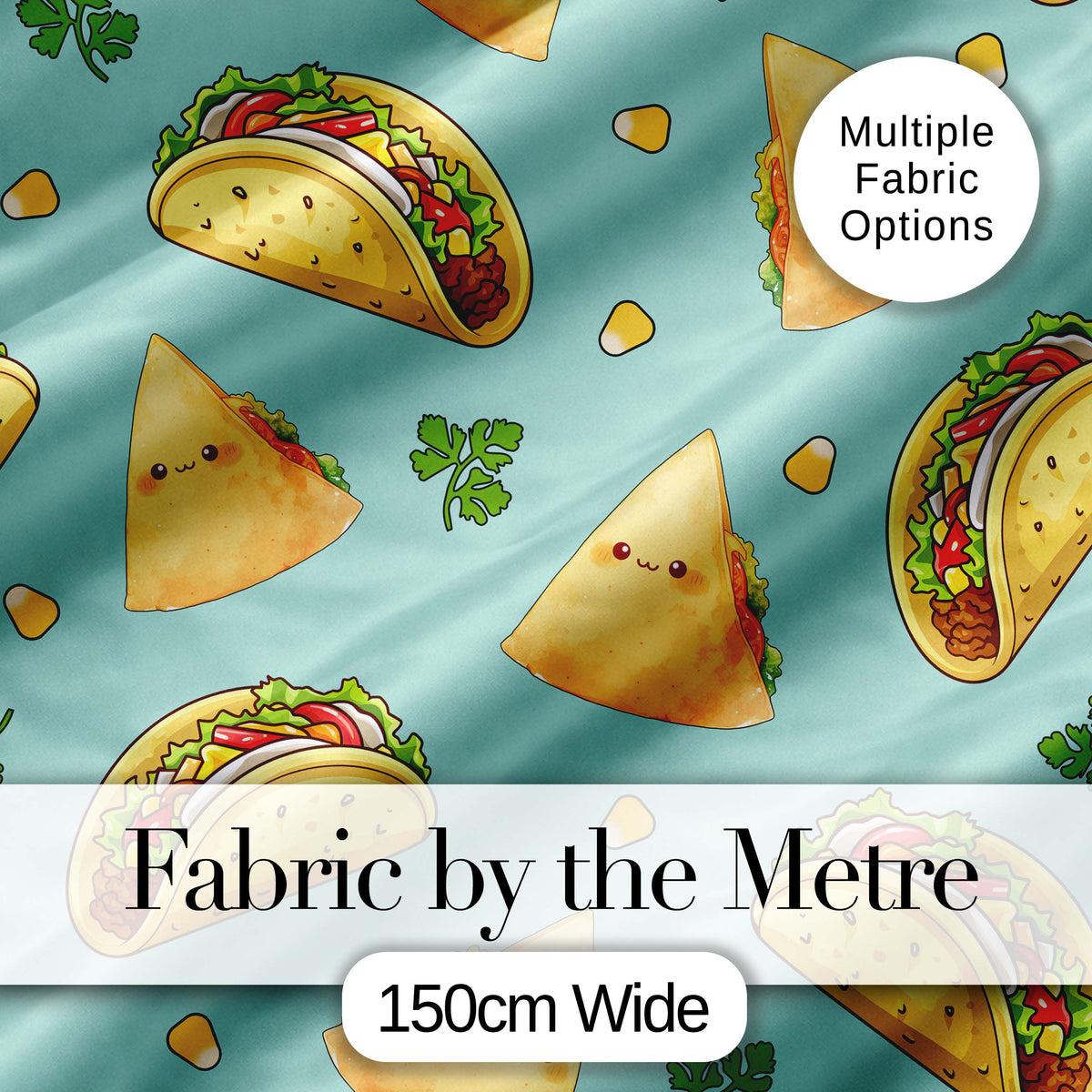 Cute Kawaii Taco and Wrap Food Pattern Teal Background Seamless Digital Print Fabric by the Metre UK Sewing Quilting Textile