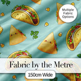 Cute Kawaii Taco and Wrap Food Pattern Teal Background Seamless Digital Print Fabric by the Metre UK Sewing Quilting Textile
