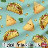 Cute Kawaii Taco and Wrap Food Pattern Teal Background Seamless Digital Print Fabric by the Metre UK Sewing Quilting Textile