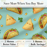 Cute Kawaii Taco and Wrap Food Pattern Teal Background Seamless Digital Print Fabric by the Metre UK Sewing Quilting Textile