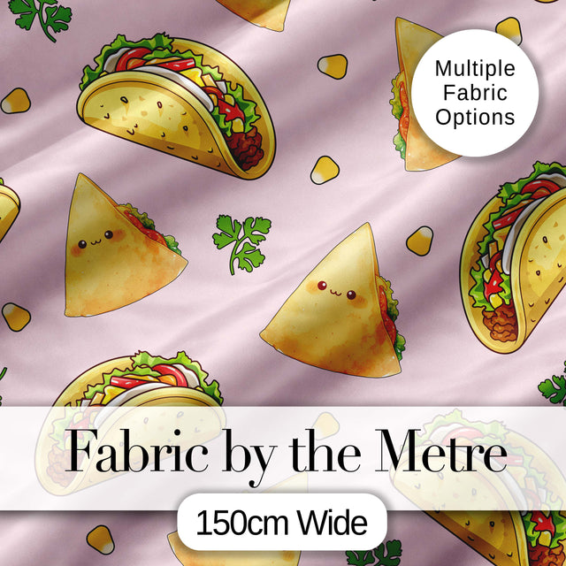 Cute Kawaii Taco and Wrap Food Pattern Soft Pink Background Seamless Digital Print Fabric by the Metre UK Sewing Quilting Textile