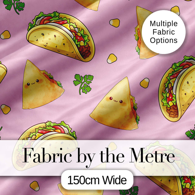 Cute Kawaii Taco and Wrap Food Pattern Blush Pink Background Seamless Digital Print Fabric by the Metre UK Sewing Quilting Textile