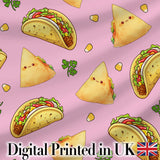 Cute Kawaii Taco and Wrap Food Pattern Blush Pink Background Seamless Digital Print Fabric by the Metre UK Sewing Quilting Textile