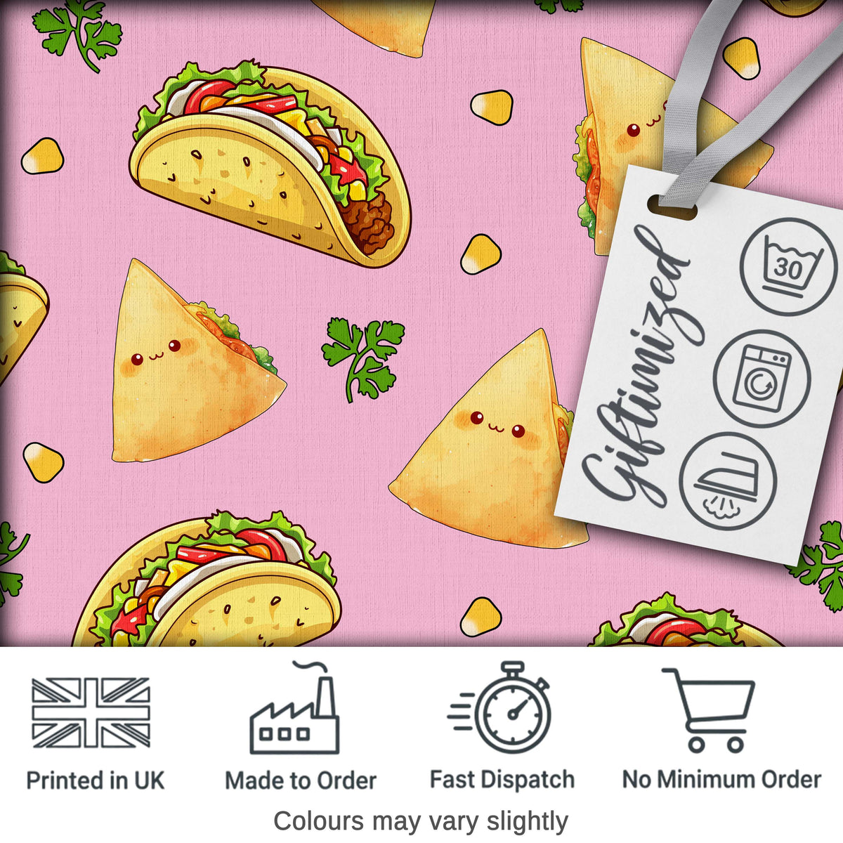 Cute Kawaii Taco and Wrap Food Pattern Blush Pink Background Seamless Digital Print Fabric by the Metre UK Sewing Quilting Textile