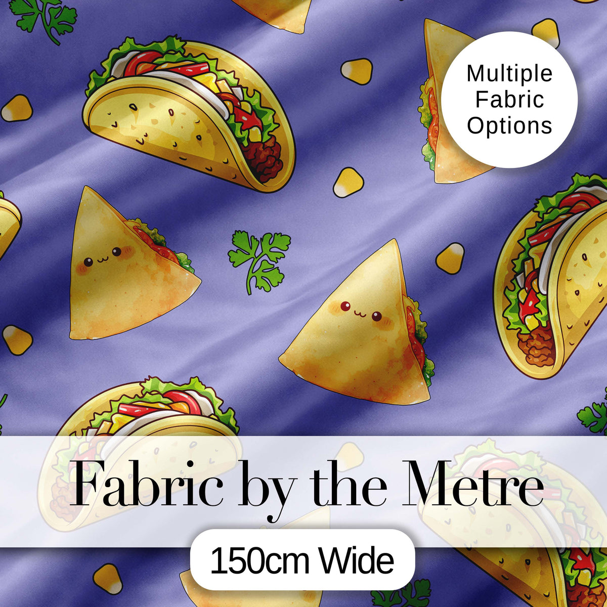 Cute Kawaii Taco and Wrap Food Pattern Purple Background Seamless Digital Print Fabric by the Metre UK Sewing Quilting Textile