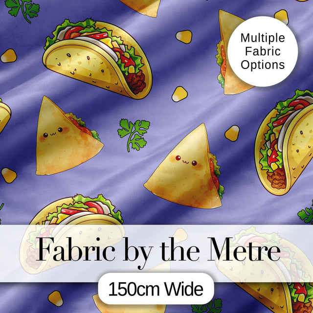 Cute Kawaii Taco and Wrap Food Pattern Purple Background Seamless Digital Print Fabric by the Metre UK Sewing Quilting Textile