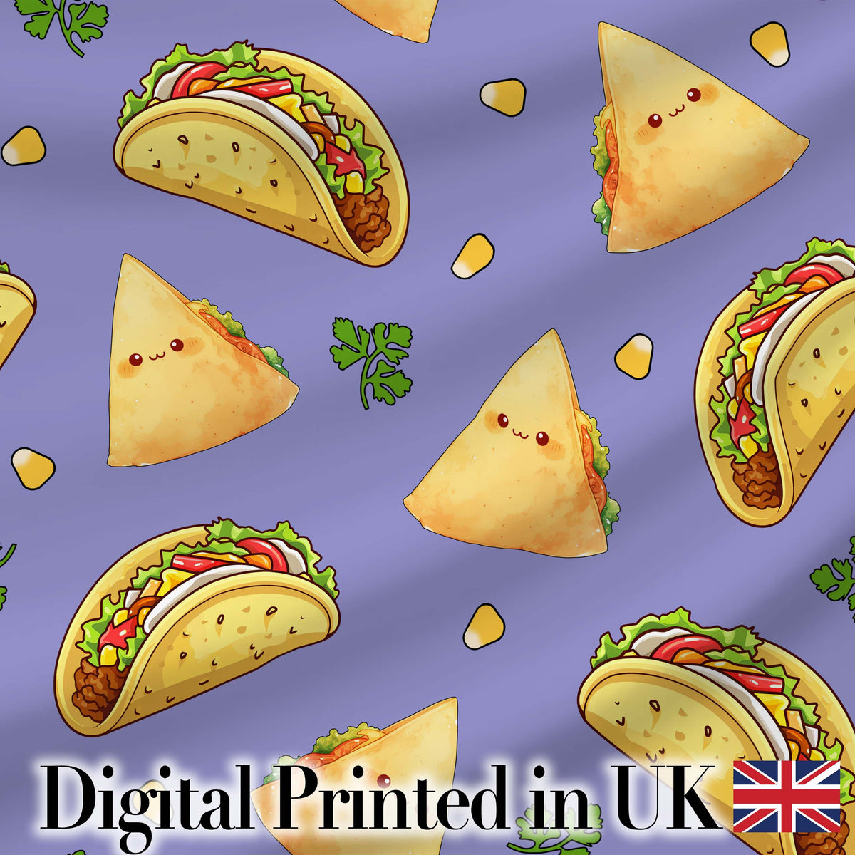 Cute Kawaii Taco and Wrap Food Pattern Purple Background Seamless Digital Print Fabric by the Metre UK Sewing Quilting Textile