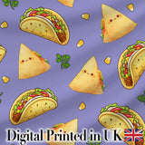 Cute Kawaii Taco and Wrap Food Pattern Purple Background Seamless Digital Print Fabric by the Metre UK Sewing Quilting Textile