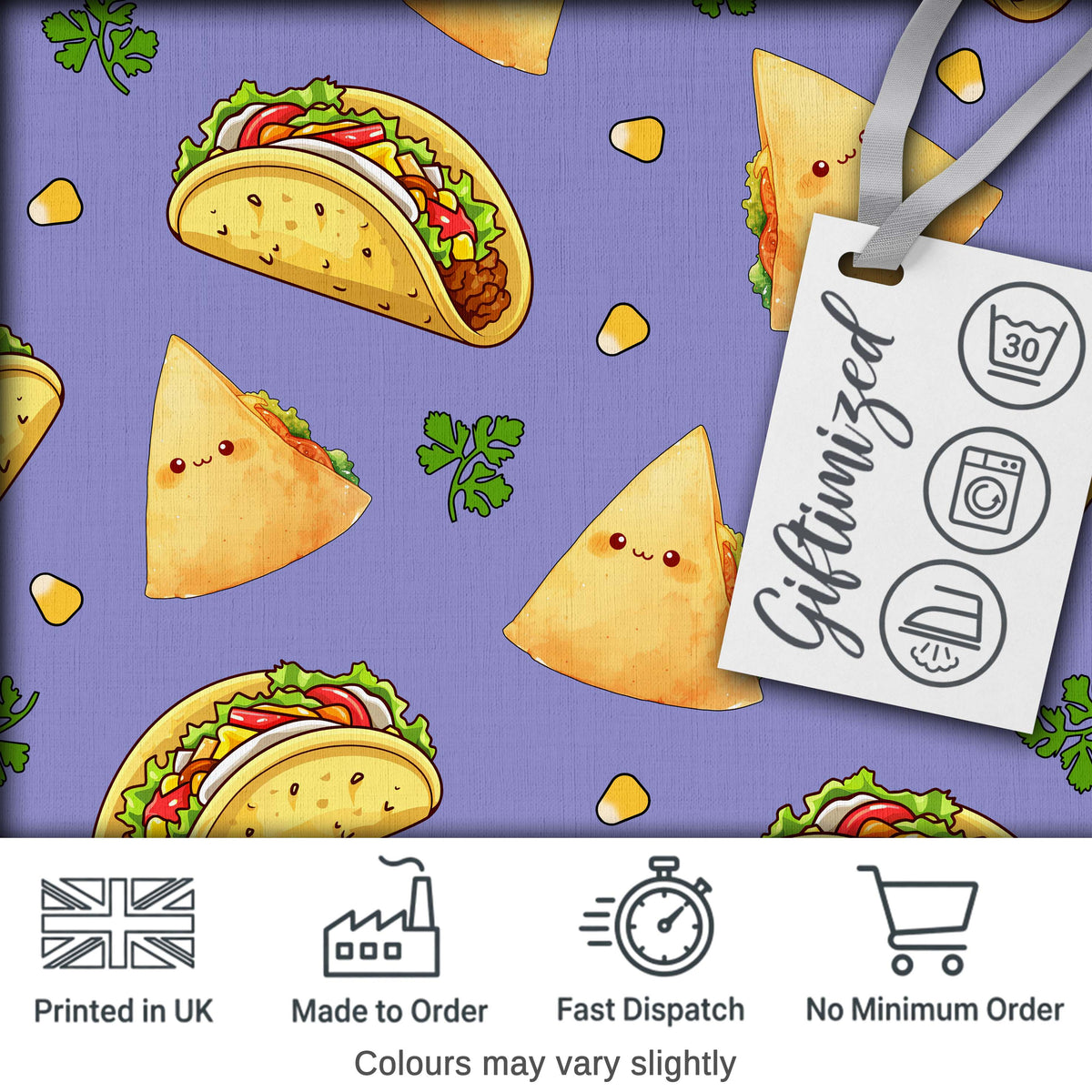 Cute Kawaii Taco and Wrap Food Pattern Purple Background Seamless Digital Print Fabric by the Metre UK Sewing Quilting Textile