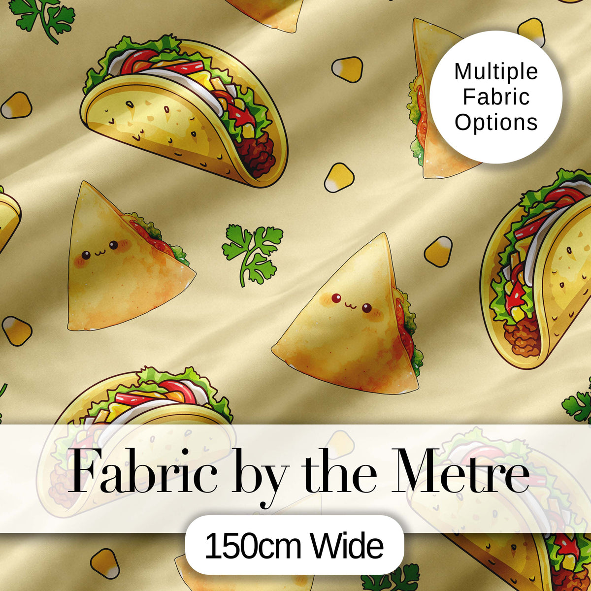Cute Kawaii Taco and Wrap Food Pattern Yellow Background Seamless Digital Print Fabric by the Metre UK Sewing Quilting Textile