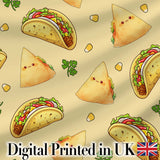 Cute Kawaii Taco and Wrap Food Pattern Yellow Background Seamless Digital Print Fabric by the Metre UK Sewing Quilting Textile