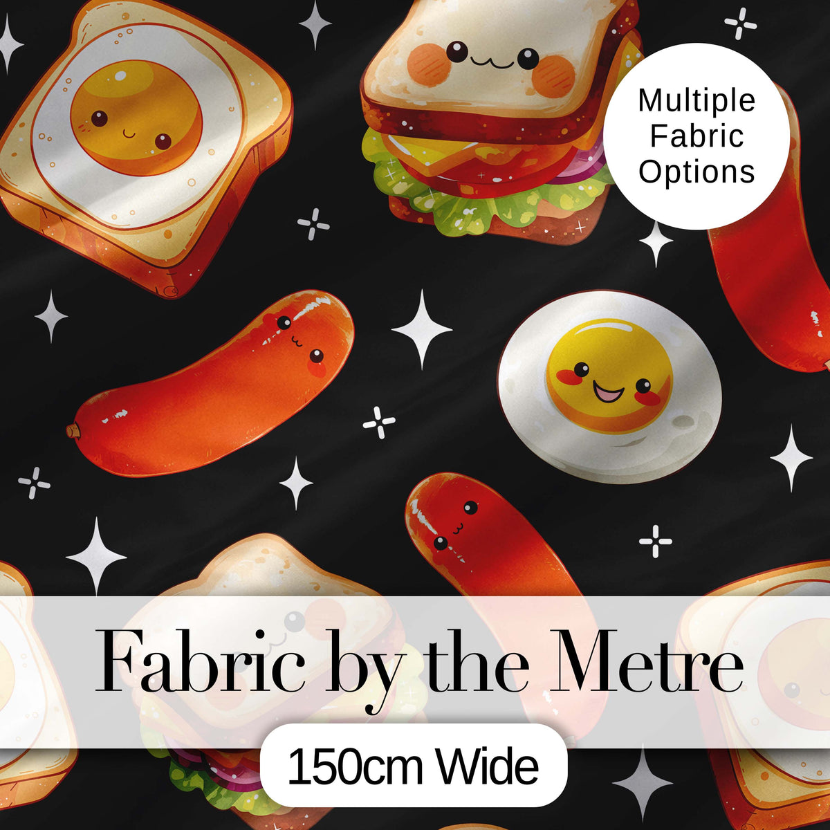 Breakfast Food Eggs Sausage Sandwich Seamless Pattern Black Background Digital Print Fabric by the Metre UK Sewing Quilting Textile