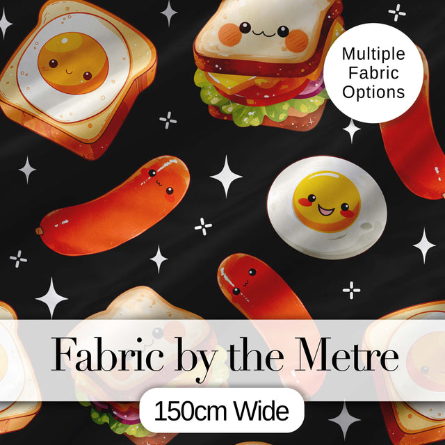 Breakfast Food Eggs Sausage Sandwich Seamless Pattern Black Background Digital Print Fabric by the Metre UK Sewing Quilting Textile
