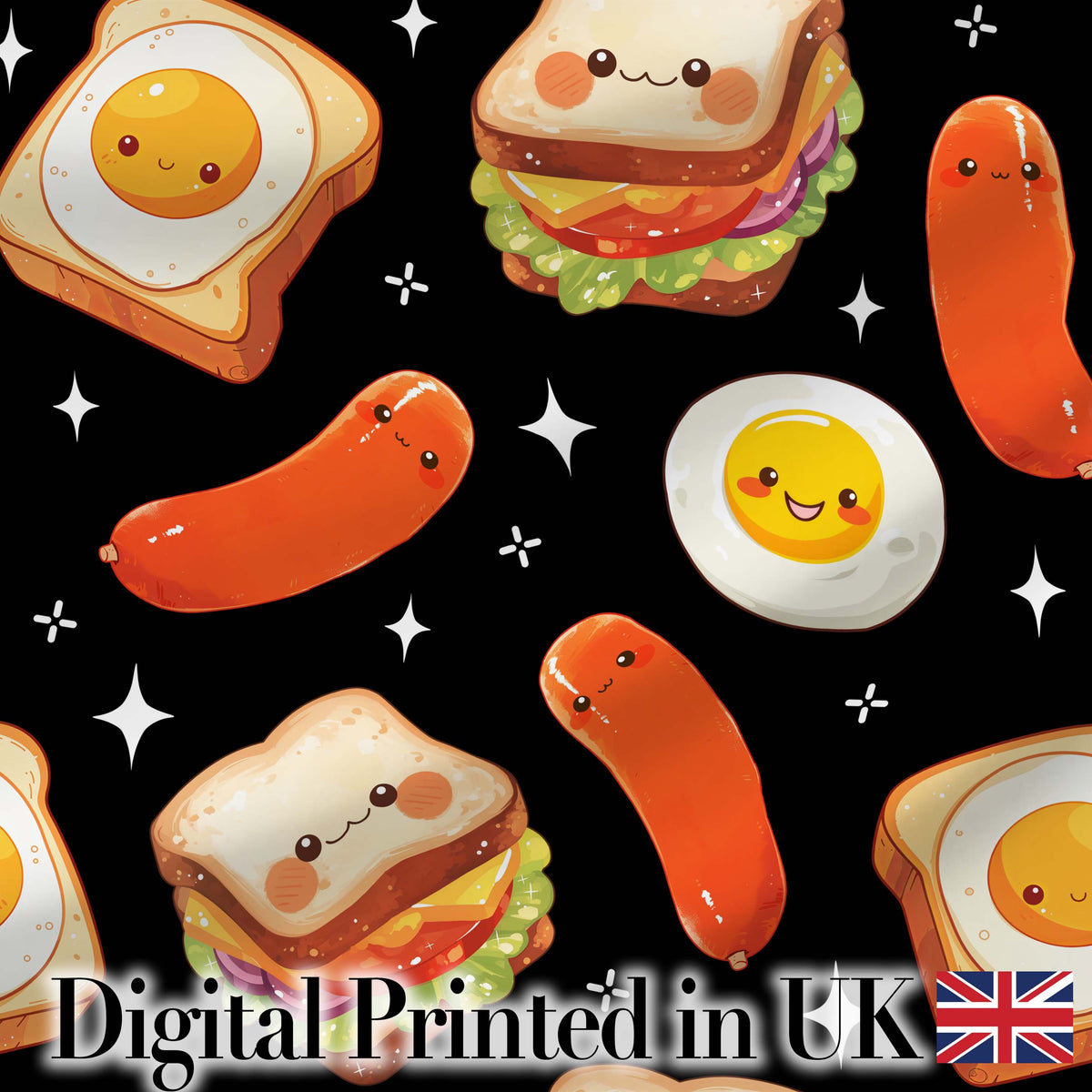 Breakfast Food Eggs Sausage Sandwich Seamless Pattern Black Background Digital Print Fabric by the Metre UK Sewing Quilting Textile