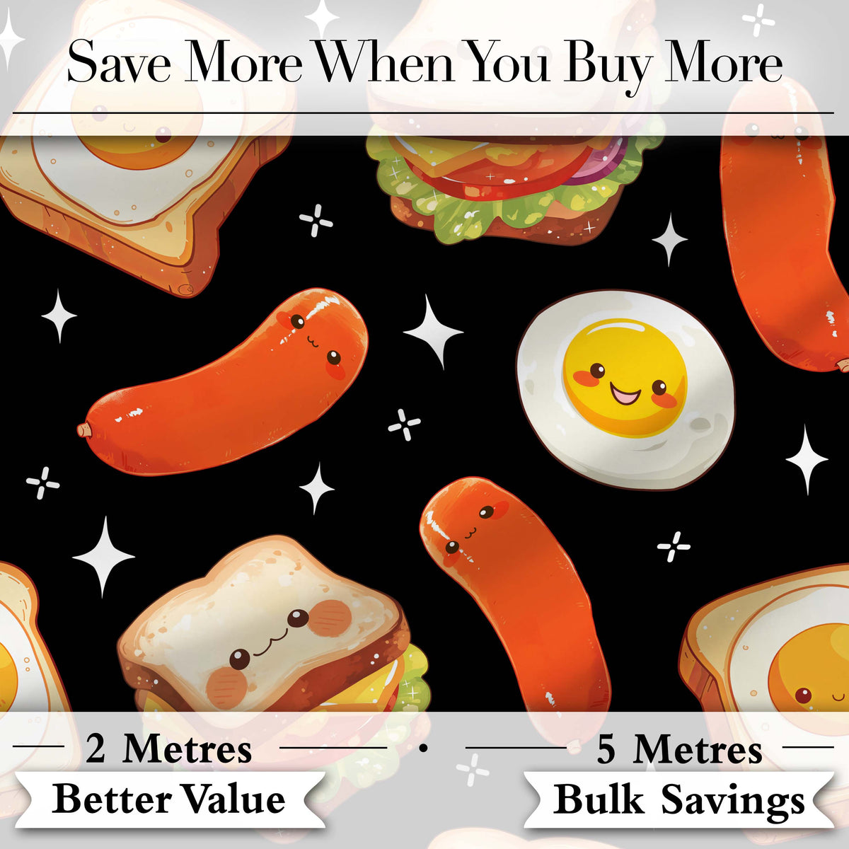 Breakfast Food Eggs Sausage Sandwich Seamless Pattern Black Background Digital Print Fabric by the Metre UK Sewing Quilting Textile