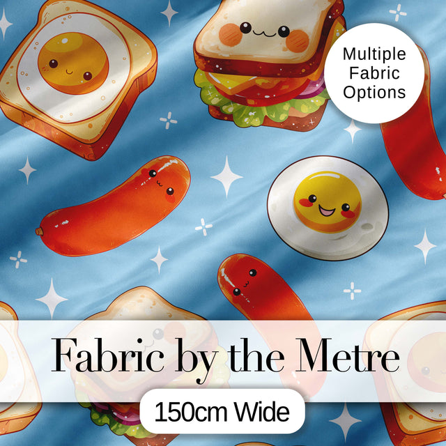 Breakfast Food Eggs Sausage Sandwich Seamless Pattern Blue Background Digital Print Fabric by the Metre UK Sewing Quilting Textile