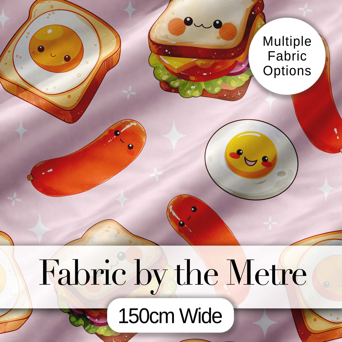 Breakfast Food Eggs Sausage Sandwich Seamless Pattern Light Pink Background Digital Print Fabric by the Metre UK Sewing Quilting Textile
