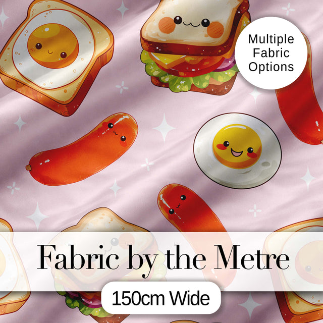 Breakfast Food Eggs Sausage Sandwich Seamless Pattern Light Pink Background Digital Print Fabric by the Metre UK Sewing Quilting Textile