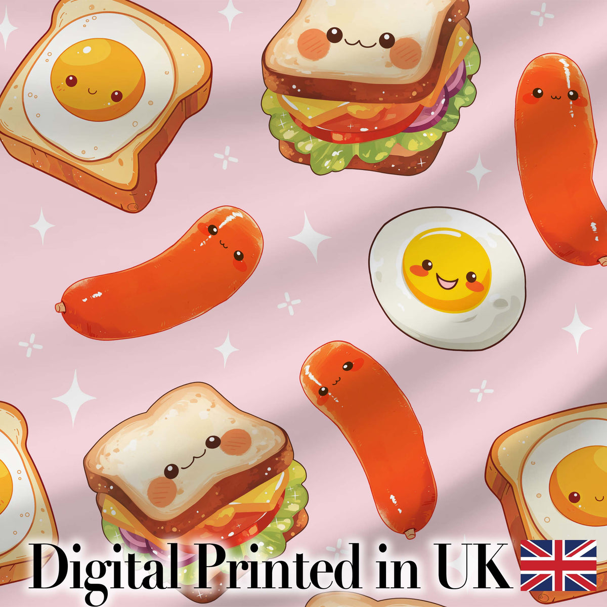 Breakfast Food Eggs Sausage Sandwich Seamless Pattern Light Pink Background Digital Print Fabric by the Metre UK Sewing Quilting Textile