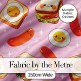 Breakfast Food Eggs Sausage Sandwich Seamless Pattern Pink Background Digital Print Fabric by the Metre UK Sewing Quilting Textile