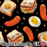 Breakfast Food Eggs Sausage Sandwich Seamless Pattern Black Star Background Digital Print Fabric by the Metre UK Sewing Quilting Textile