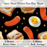 Breakfast Food Eggs Sausage Sandwich Seamless Pattern Black Star Background Digital Print Fabric by the Metre UK Sewing Quilting Textile
