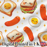 Breakfast Food Eggs Sausage Sandwich Seamless Pattern Light Grey Background Digital Print Fabric by the Metre UK Sewing Quilting Textile