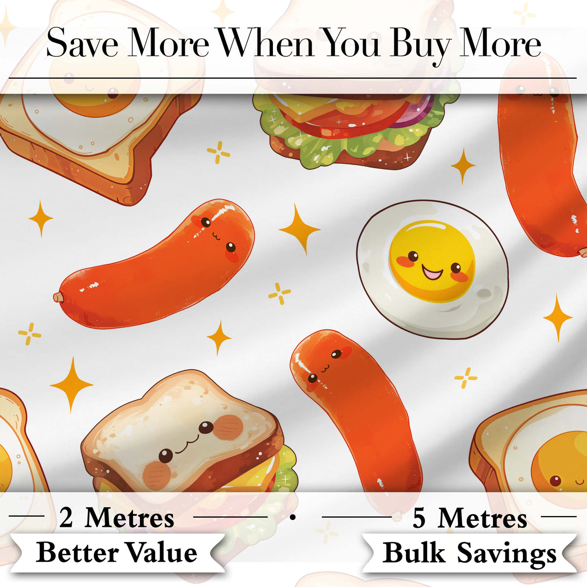 Breakfast Food Eggs Sausage Sandwich Seamless Pattern Light Grey Background Digital Print Fabric by the Metre UK Sewing Quilting Textile