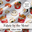 Cute Kawaii Japanese Food Sushi Ramen Dumpling Seamless Pattern Grey Background Digital Print Fabric by the Metre UK Sewing Quilting Textile