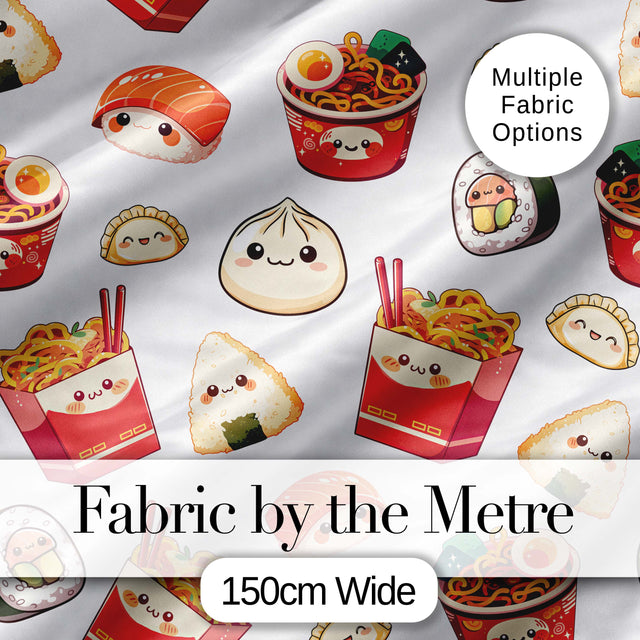 Cute Kawaii Japanese Food Sushi Ramen Dumpling Seamless Pattern Grey Background Digital Print Fabric by the Metre UK Sewing Quilting Textile