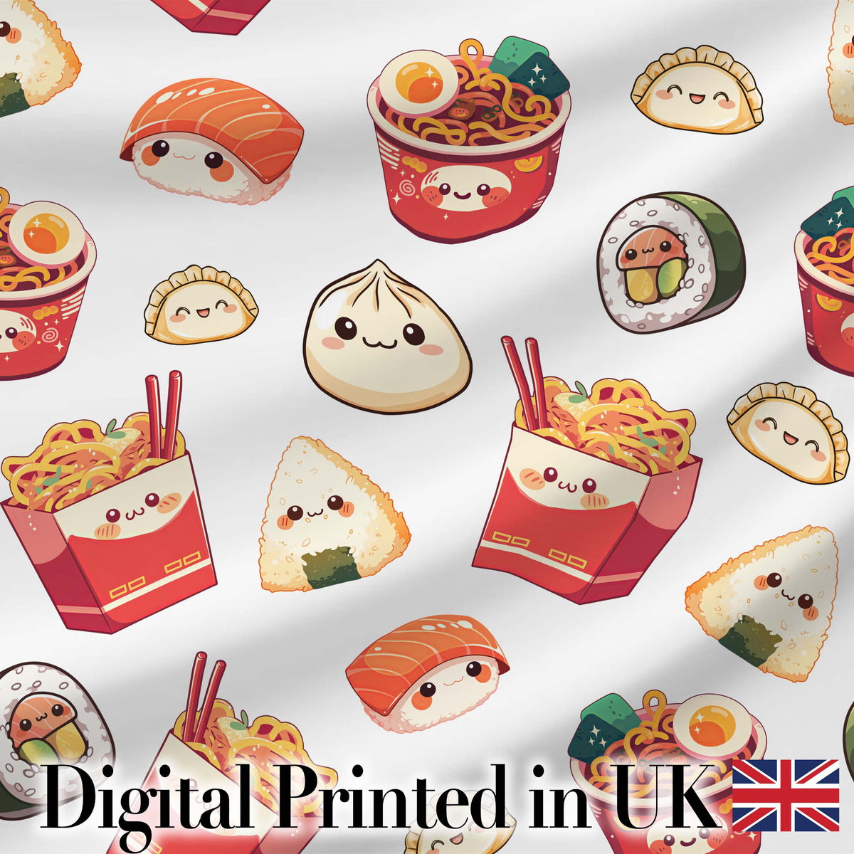 Cute Kawaii Japanese Food Sushi Ramen Dumpling Seamless Pattern Grey Background Digital Print Fabric by the Metre UK Sewing Quilting Textile