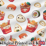 Cute Kawaii Japanese Food Sushi Ramen Dumpling Seamless Pattern Grey Background Digital Print Fabric by the Metre UK Sewing Quilting Textile