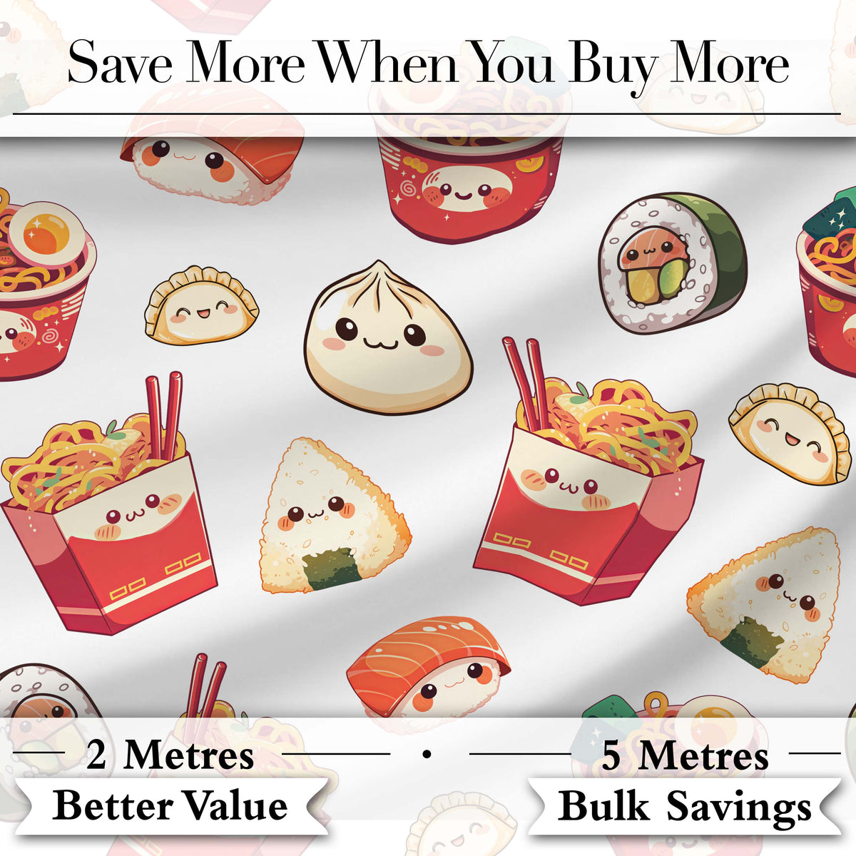 Cute Kawaii Japanese Food Sushi Ramen Dumpling Seamless Pattern Grey Background Digital Print Fabric by the Metre UK Sewing Quilting Textile