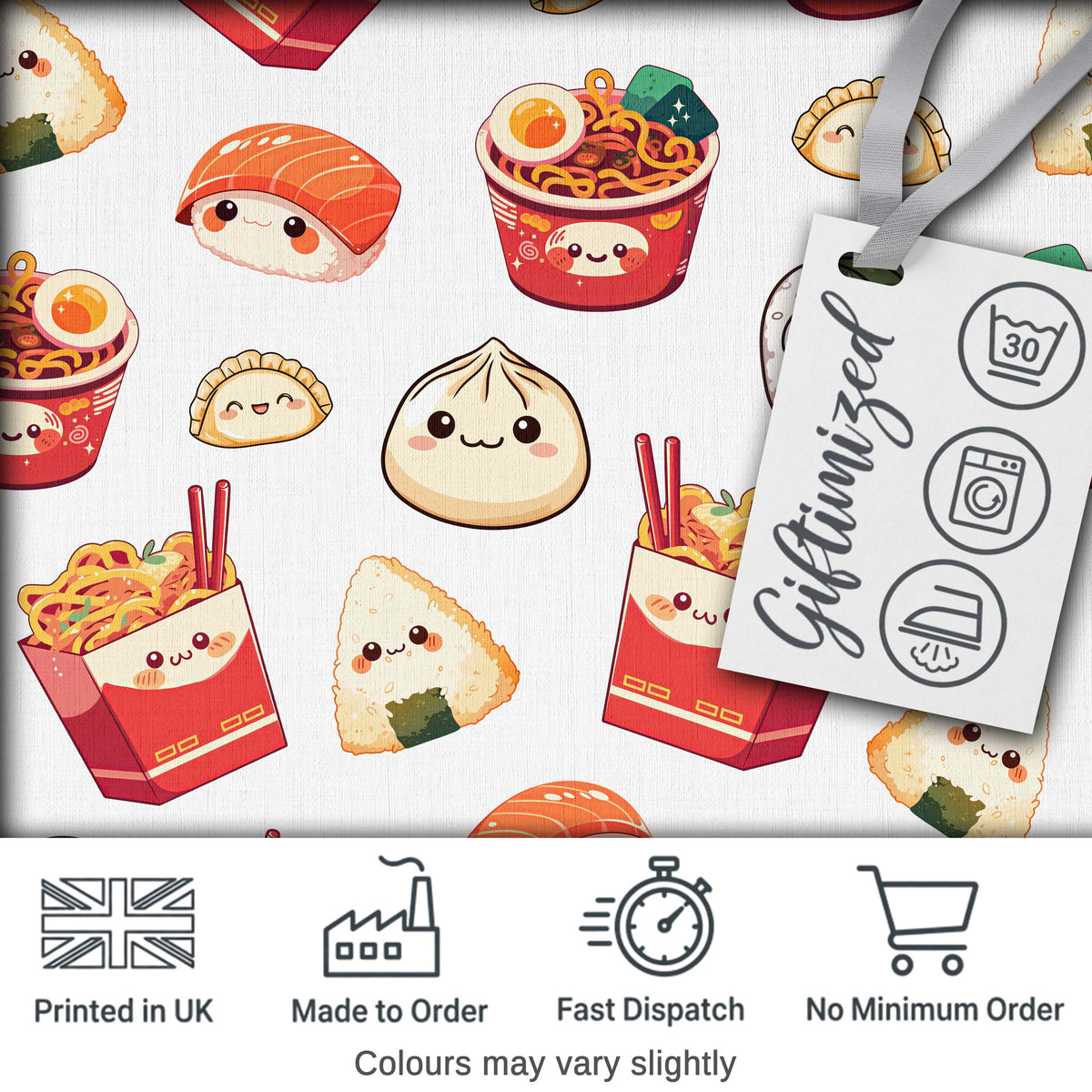 Cute Kawaii Japanese Food Sushi Ramen Dumpling Seamless Pattern Grey Background Digital Print Fabric by the Metre UK Sewing Quilting Textile