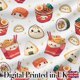 Cute Kawaii Japanese Food Sushi Ramen Dumpling Seamless Pattern Star Background Digital Print Fabric by the Metre UK Sewing Quilting Textile