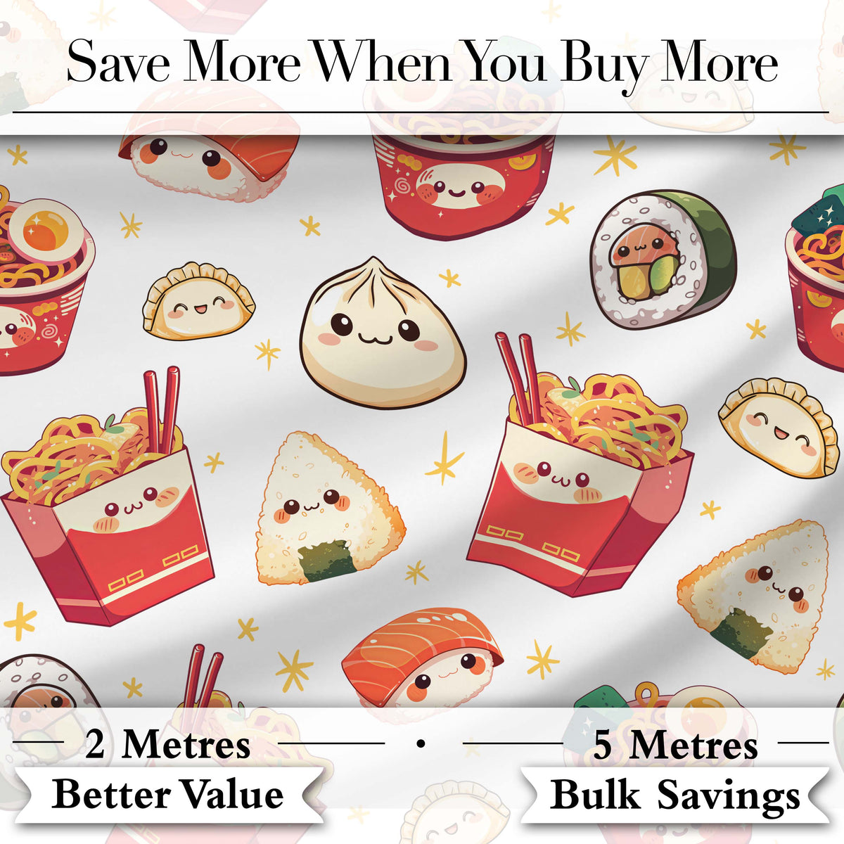 Cute Kawaii Japanese Food Sushi Ramen Dumpling Seamless Pattern Star Background Digital Print Fabric by the Metre UK Sewing Quilting Textile