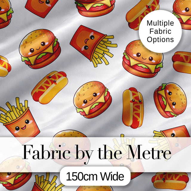 Cute Kawaii Fast Food Burger Fries Hotdog Seamless Pattern Grey Background Digital Print Fabric by the Metre UK Sewing Quilting Textile