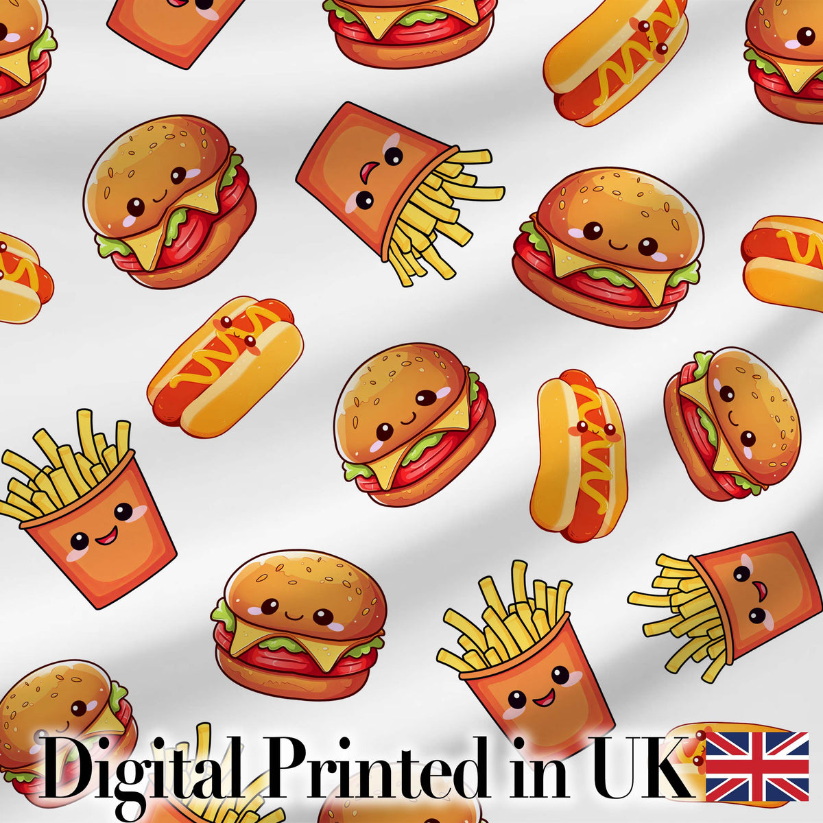 Cute Kawaii Fast Food Burger Fries Hotdog Seamless Pattern Grey Background Digital Print Fabric by the Metre UK Sewing Quilting Textile