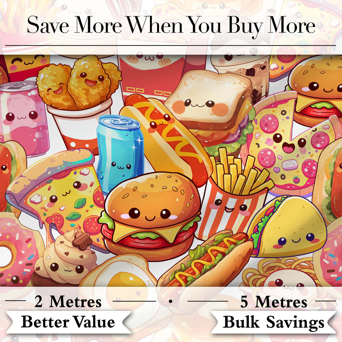 Cute Kawaii Fast Food Mix Pizza Burger Fries Seamless Pattern Busy Background Digital Print Fabric by the Metre UK Sewing Quilting Textile