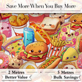 Cute Kawaii Fast Food Mix Pizza Burger Fries Seamless Pattern Busy Background Digital Print Fabric by the Metre UK Sewing Quilting Textile