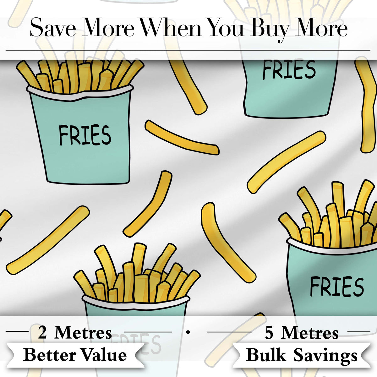 Cute Kawaii French Fries Fast Food Seamless Pattern White Background Digital Print Fabric by the Metre UK Sewing Quilting Textile