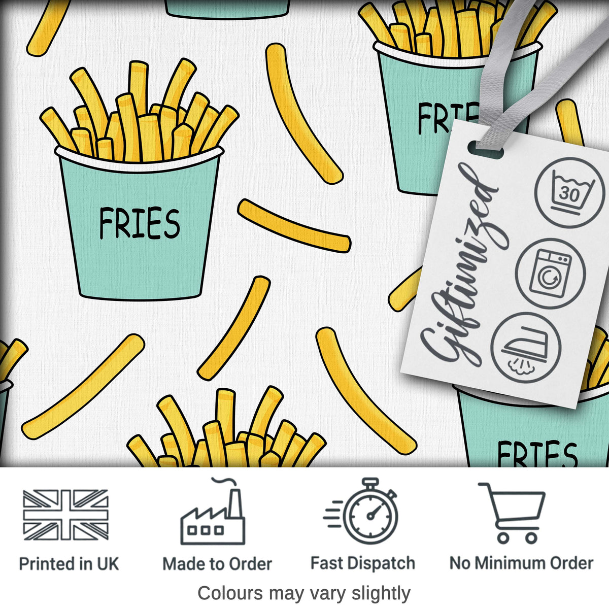 Cute Kawaii French Fries Fast Food Seamless Pattern White Background Digital Print Fabric by the Metre UK Sewing Quilting Textile