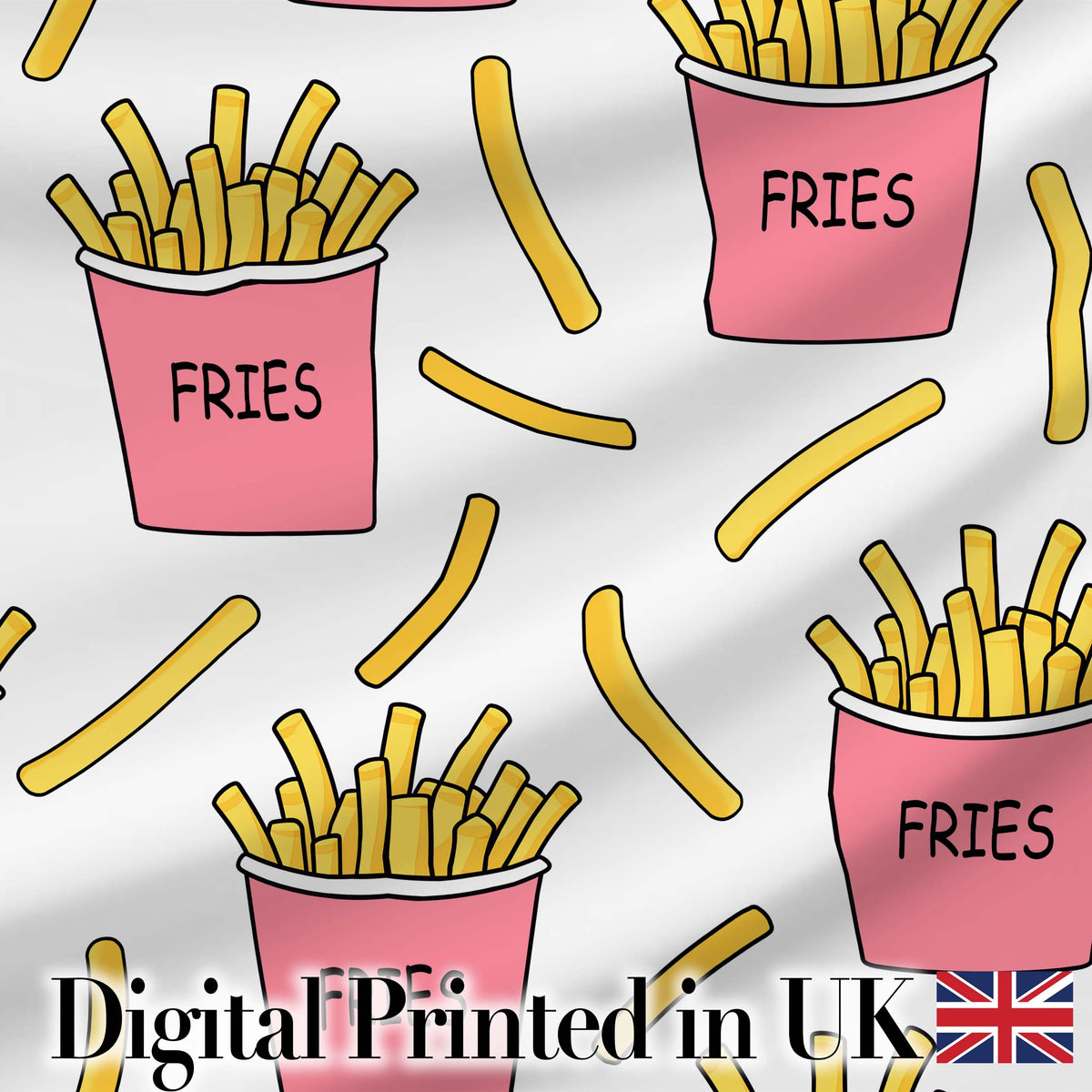 Cute Kawaii French Fries Fast Food Seamless Pattern Pink White Background Digital Print Fabric by the Metre UK Sewing Quilting Textile