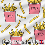 Cute Kawaii French Fries Fast Food Seamless Pattern Pink White Background Digital Print Fabric by the Metre UK Sewing Quilting Textile