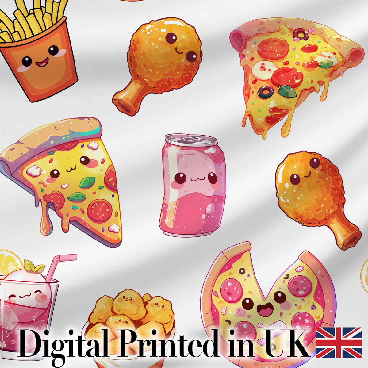 Kawaii Pizza Chicken Soda Fast Food Seamless Pattern Clean White Background Digital Print Fabric by the Metre UK Sewing Quilting Textile