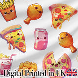 Kawaii Pizza Chicken Soda Fast Food Seamless Pattern Clean White Background Digital Print Fabric by the Metre UK Sewing Quilting Textile